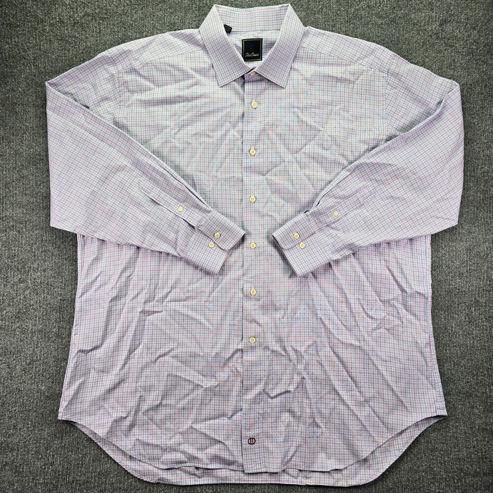 David Donahue Dress Shirt Mens 18.5 34/35 Purple Blue Plaid Button Down Cotton